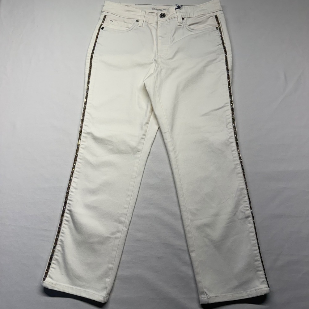 Tommy Bahama Ella Twill Lux Crop Jeans 4 White Rhinestone Side Stripe NWT